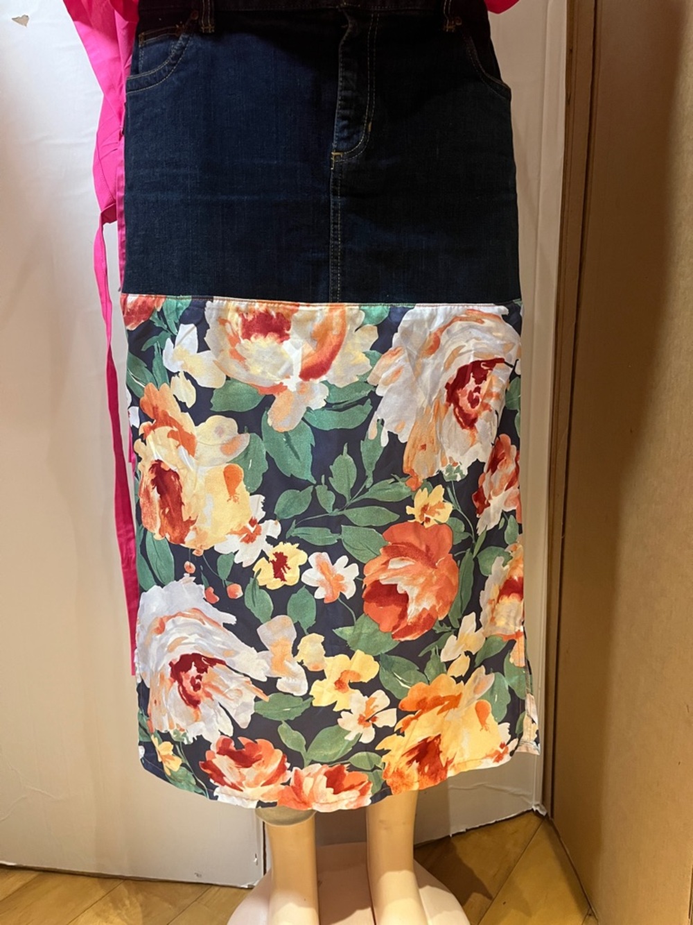 Floral Denim Maxi Skirt - Navy and Multicolor